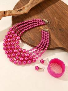 Exaggerated Multi-Layer Dandelion Handmade Beaded Faux Pearl Necklace, Bracelet And Earrings 3-Piece Set, Vintage Boho Style - Hot Pink - View 4