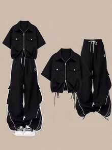 2026 Summer New Clothes 2026 Spring/Summer Commuter Clothes Women's Clothes Small Children's Street JK Uniforms Women's Summer Clothing Arrangement Clothes Black Color Workwear Sleeves Thigh Clothes Slender Sister Female Clothes - Black Zip-up Top + Sweatpants - View 1