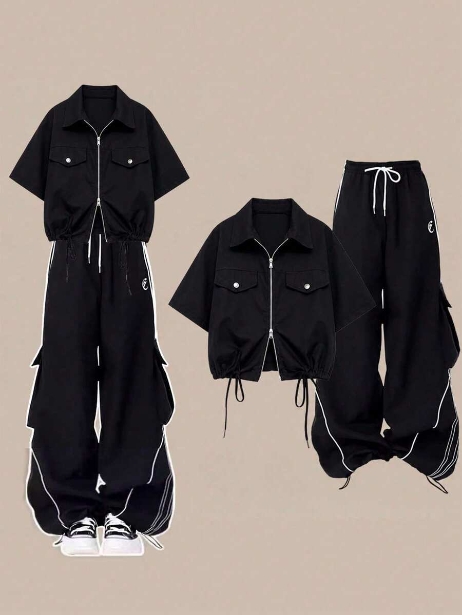 2026 Summer New Clothes 2026 Spring/Summer Commuter Clothes Women's Clothes Small Children's Street JK Uniforms Women's Summer Clothing Arrangement Clothes Black Color Workwear Sleeves Thigh Clothes Slender Sister Female Clothes - Black Zip-up Top + Sweatpants - View 1