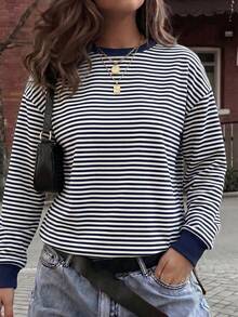 Queen Closet 女款秋冬寬鬆大碼針織長袖上衣 Y2K 條紋圓領 T-shirt，適合日常街頭穿搭 - 藏蓝色 - 查看 1