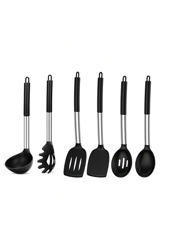Juego de 2/4/6 piezas de utensilios de cocina de silicona, herramientas de cocina de silicona con orificio para colgar, suministros de cocina en negro, gris y caqui, cuchara para sopa de silicona, cuchara para pasta, espátula, volteador ranurado, cuchara para huevo, colador