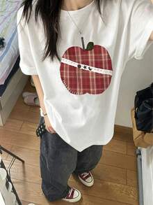 韓式女款寬鬆休閒圓領卡通蘋果水果印花短袖T恤 春夏白色 - 白色 - 查看 4