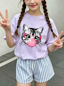 青少年女孩休闲新颖印花圆领短袖T恤上衣夏季 - 紫色 - 查看 1