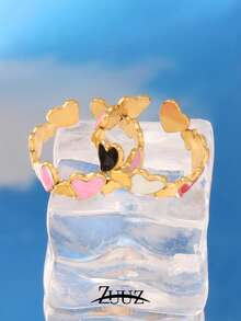 1 pieza Anillo abierto de corazón de acero inoxidable, joyería de moda minimalista para mujer con colgante chapado en oro de 18K - anillo - Ver 1