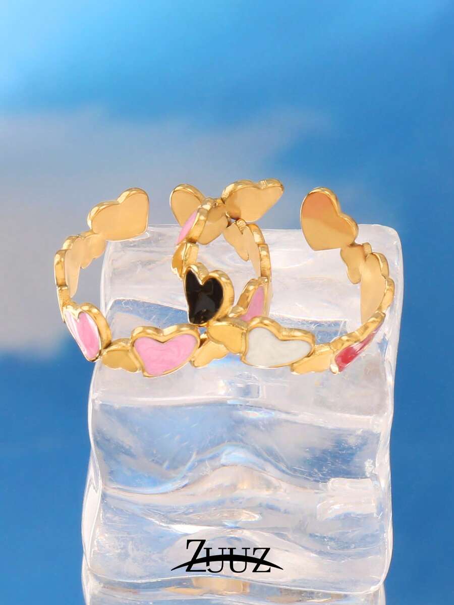 1 pieza Anillo abierto de corazón de acero inoxidable, joyería de moda minimalista para mujer con colgante chapado en oro de 18K - anillo - Ver 1