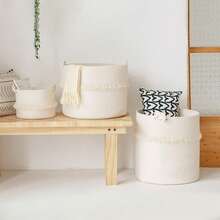 1pc Extra Large Handwoven Storage Basket - Bohemian Style, With Cute Tassel Decoration, Decorative Basket, Laundry Basket, Suitable For Storing Magazines, Toys, Blankets And Clothes, Home Decor - Home Storage Container. - White - View 2