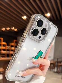 1 Fashionable Four Sided Shiny Diamond Transparent Phone Case With Small Dinosaur Pattern Customizable Name Electroplated Silver Luxurious Shiny Diamond Transparent Phone Case Compatible With IPhone 16e/17 Pro Max/15 Pro Max/14 Plus/13 Pro And Other Models Suitable As A Gift For Friends - Silver - View 7