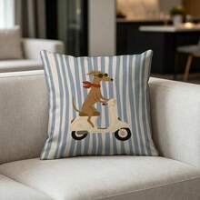 1 pièce Taie d'oreiller imprimée à rayures verticales bleues et blanches mignonnes, motif de teckel à moto, lavable en machine avec fermeture éclair, convient pour la décoration intérieure et extérieure de la maison, taie d'oreiller décorative, décoration de chambre, tissu durable, oreiller décoratif, pour les passionnés de maison chaleureuse, taie d'oreiller imprimée double face, taie d'oreiller décorative polyvalente, impression plate 2D (insert d'oreiller non inclus) - Multicolore - Voir 6