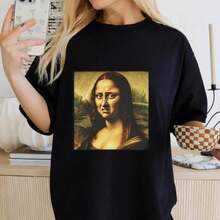 1 Pcs Vintage Casual Elegant 100% Cotton Oversized Unisex Tee, Retro Funny Meme Mona Lisa Distorted Face Art Print Crew Neck Top, Streetwear For Brunch Tea Party Summer Vacation Airport Wear - Black - View 1