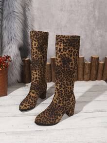 Leopard Print Suede Chunky Heel Mid-Calf Boots, Vintage Y2K Style Slimming Elastic Boots, Versatile Autumn/Winter Party Commute Fashion Boots - Leopard - View 3