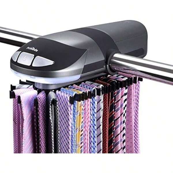 Motorized Tie Rack With LED Lights - Closet Organizer, Stores & Displays Up To 50 Ties Or Belts, Rotation operates with batteries. Great Gift Idea