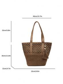 2026 New Women's Straw Woven Beach Bag, Large Capacity Woven Tote Bucket Bag, Versatile Commuter Shoulder Bag For Summer Beach Vacation - Khaki - View 7