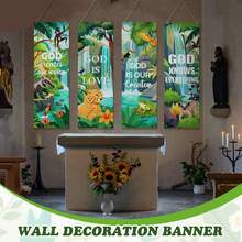 4 pièces Bannière murale thème jungle vert naturel VBS, toile de fond en tissu imprimé animaux sauvages & plantes, drapeau suspendu, fournitures de fête, décoration murale intérieure de la pièce, décoration de fond de lieu extérieur, décoration de toile de fond d'atmosphère murale thème jungle pour événement - A - Voir 7