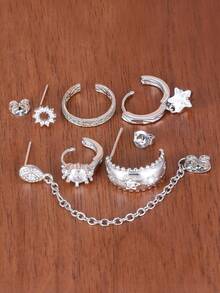 6PCS Geometry Round Hoop Earrings Sets For Women Retro Zirconia Star Dangle Ear Stud Unique Romantic Jewelry Gifts - 6PCS-silver - View 3