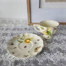 1 Set Of 2pcs Vintage Lemon Pattern Ceramic Coffee Cup & Saucer Set, Gold Rim Series, Luxury British Afternoon Tea Red Tea Cup, Exquisite Home Milk Breakfast Cup, Holiday Gift - Yellow - View 7