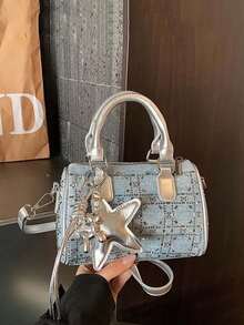 Japanese & Korean Style Niche Design Ins Style Star Pattern Handbag, Commuting, Outing, Daily Shopping, New Versatile Fashion Minimalist Denim Pillow Bag, Korean Version Chic Handbag, Shoulder Bag, Crossbody Bag - Dusty Blue - View 3