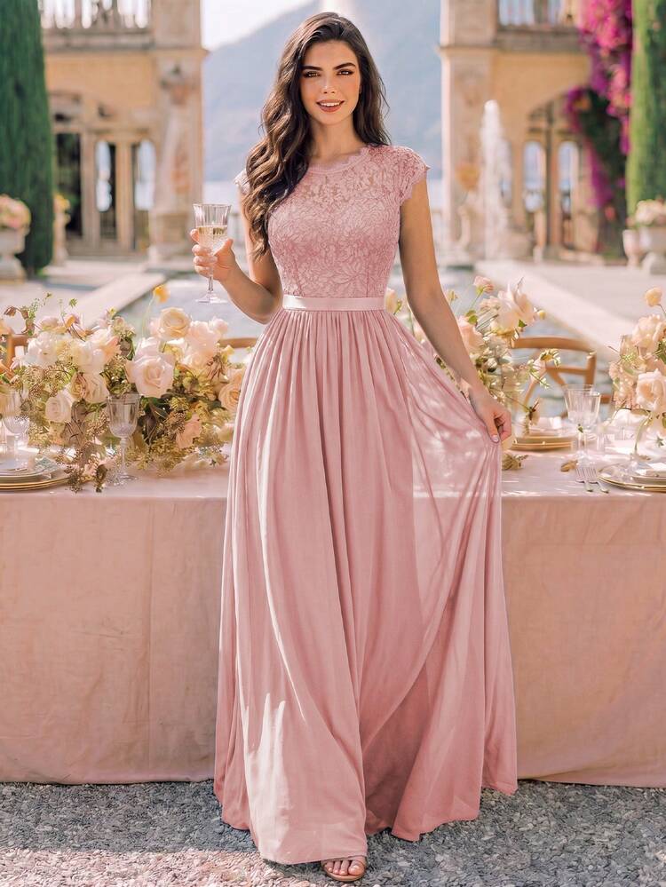 MIUSOL Floral Lace Short Sleeve Chiffon Tie Waist Formal Party Maxi Dress, Elegant Women's Party Dress, Ball Gown Pink Summer - Pink - View 4
