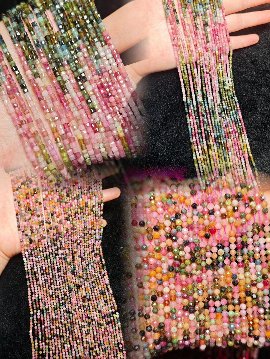 5A2*2MM Square & 3mm Natural Tourmaline Diamond Cut Flash Loose Spacer Beads DIY Jewelry Accessories For Bracelet Necklace