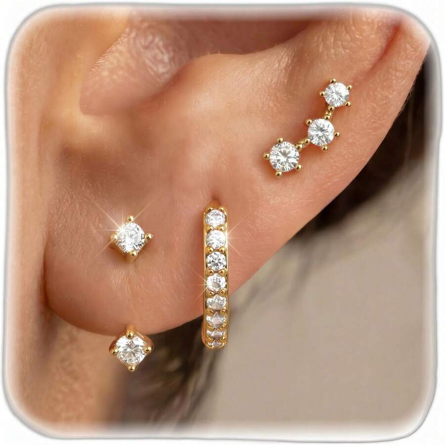 3 Pairs Hypoallergenic Earrings For Women 14K Gold Plated Stud Hoop Cartilage Earrings Set Small Earring Stacks For Sensitive Ears - Silver - View 1