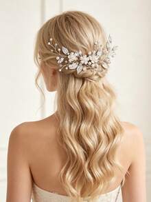1/2Pcs Silver Leaf Crystal Pearl Flower Side Hair Clip Bridal Hair Accessories For Bride Wedding Bachelorette Party - Silver - View 1