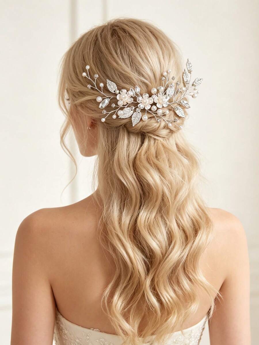 1/2Pcs Silver Leaf Crystal Pearl Flower Side Hair Clip Bridal Hair Accessories For Bride Wedding Bachelorette Party - Silver - View 1