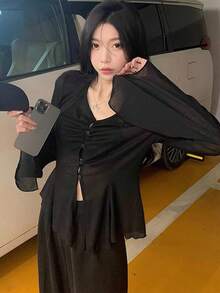 Women's Sun Protection Cardigan, Sexy Black Summer New Thin Design V-Neck Flared Long Sleeve Top - Black - View 3