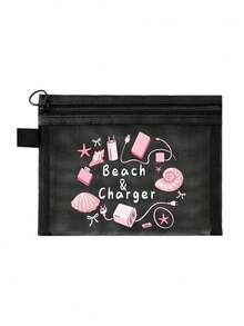 網格拉鍊收納包，印有「Beach Charger」字母圖案，多功能便攜收納包，數位收納包，化妝包，保養品收納包，旅行盥洗包必需品，宿舍用品，婚禮新娘禮物，母親節禮物，生日禮物，朋友與老師禮物，浴室收納，珠寶收納，口紅化妝收納包，度假旅行必需品，教師節禮物，戶外露營必需品，開學禮物 - 彩色 - 查看 18