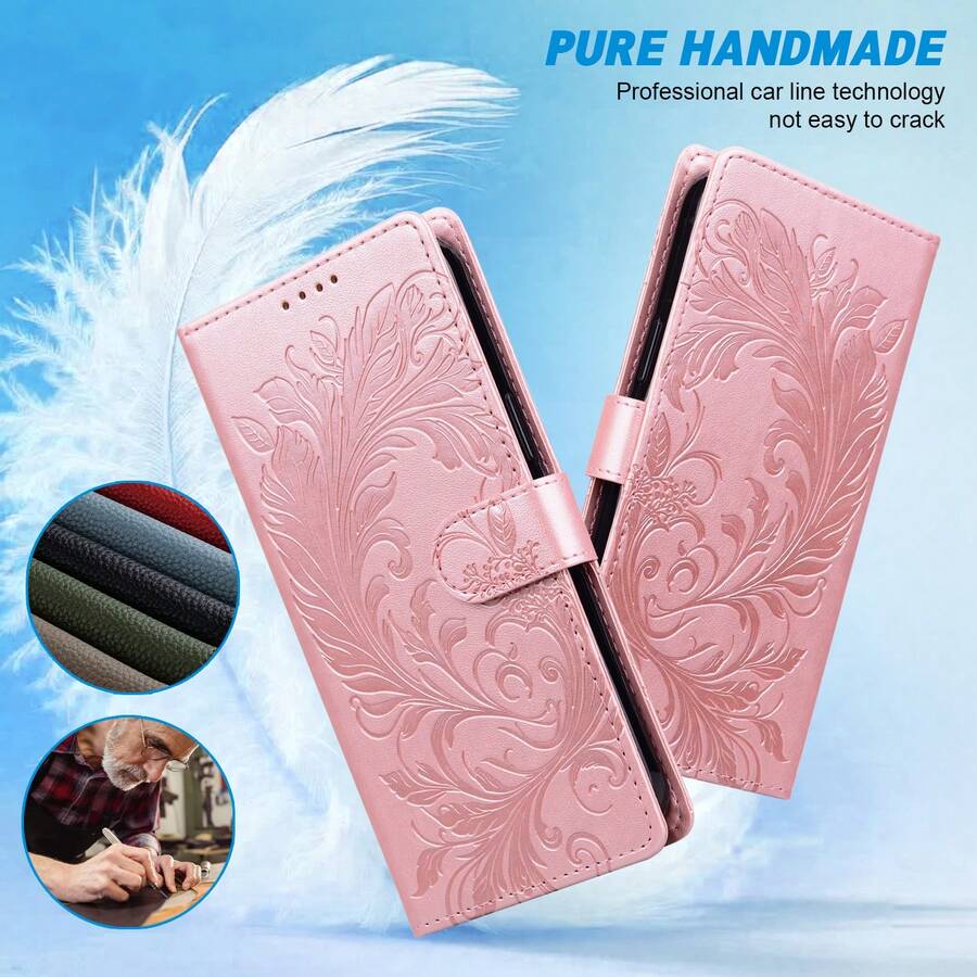 GLANDOTU 粉色復古捲軸花卉藤蔓壓紋PU皮革錢包翻蓋手機殼,多卡槽附支架,相容多款手機型號 - 粉色 - 查看 1