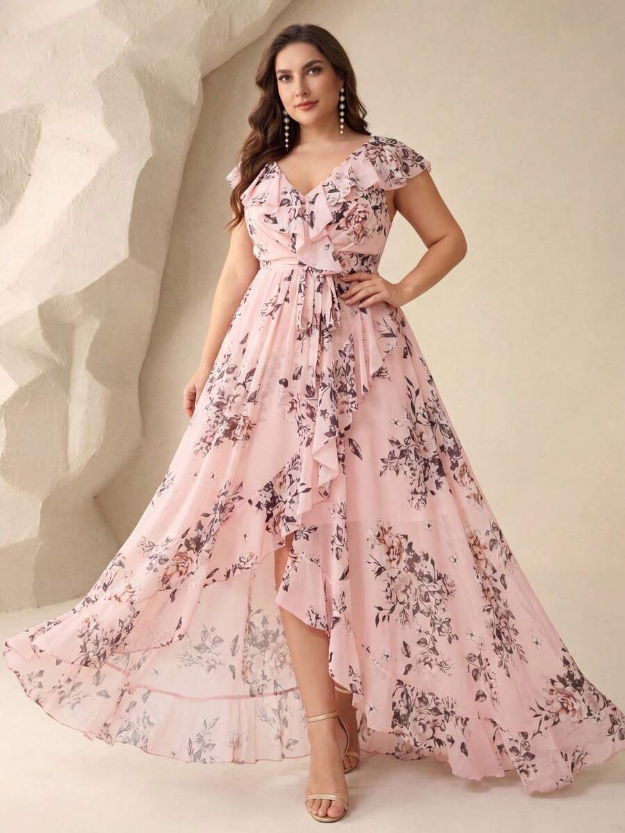 UNITHORSE [Non-Positioning Flower] V-Neck Ruffle Collar Detachable Tie Asymmetrical Ruffle Hem Printed Bridesmaid Dress - Baby Pink - View 1