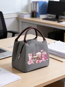 Insulated Lunch Bag With Pink Coffee Macaron, Bow And Envelope Pattern Design, For Women Coffee Lovers, With Black Utensil Storage Bag, Large Capacity, Student Meal Thermal & Cooler Bag, Portable Travel Picnic Bag, Office School Lunch Insulated Bag, Thermal Lunch Box, Work Lunch Box, Holiday Lunch Box, Multi-Functional Camping School Lunch Box For Men And Women - Multicolor - View 2