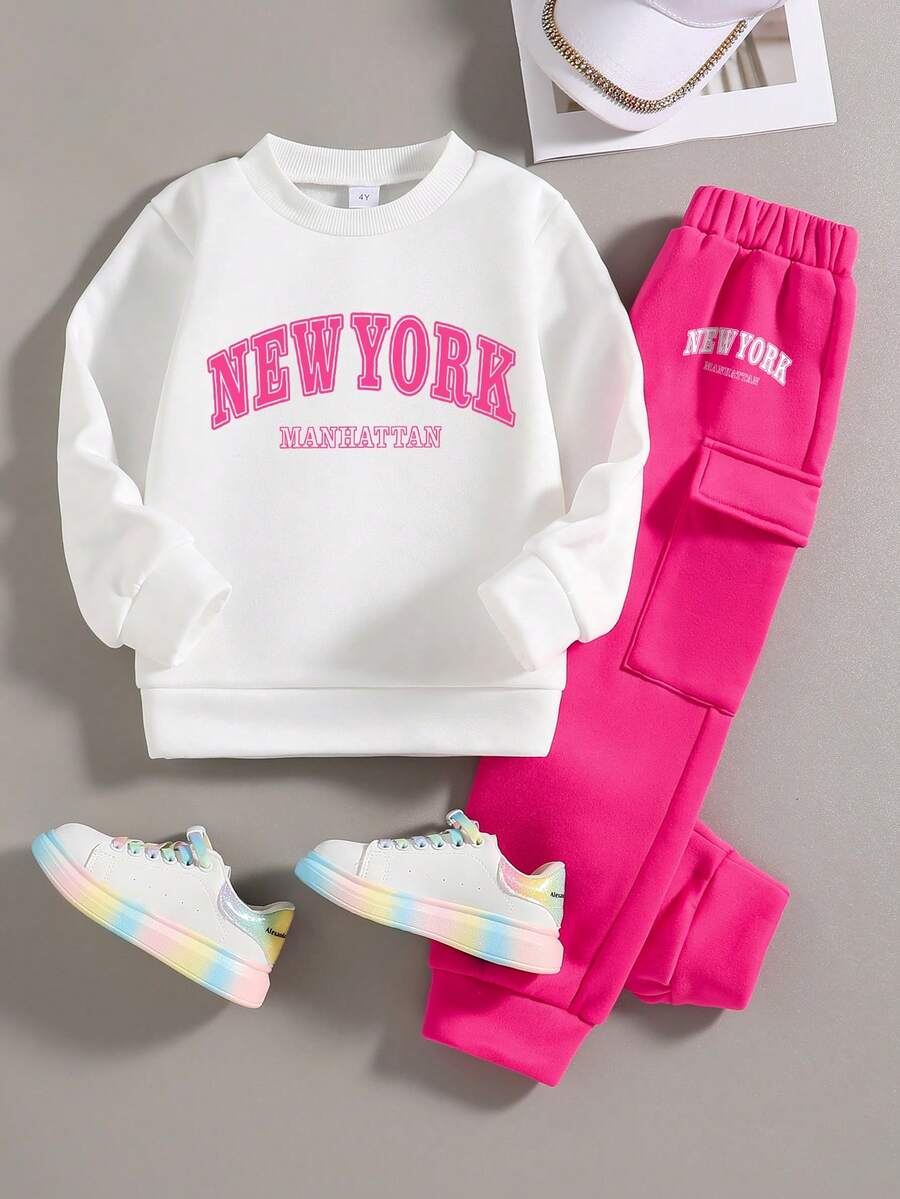 Young Girl Letter Print Long Sleeve Sweatshirt And Cargo Sweatpants Casual Set - White - View 1