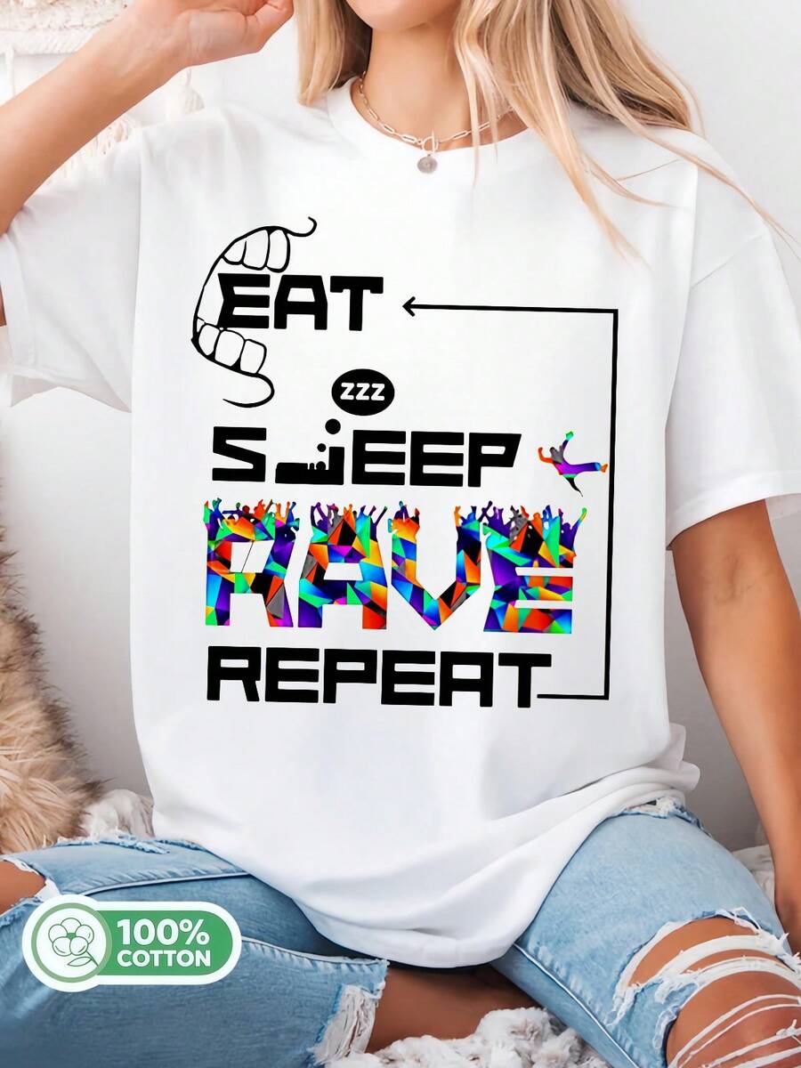 Eat Sleep Dance Rave Repeat Dance Ibiza Holiday Party Logo Original Gift T-Shirt C439.. - 白色 - 查看 1