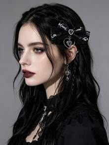 2pcs/Set Women's Lace Letter Ribbon Dark Color Gothic Style Heart & Cross Hair Clips, Suitable For Holiday Dress-Up And Daily Wear For Gothic Lovers - Multicolor - View 2