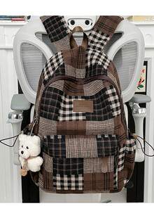 LECEY Women's Plaid Pattern Portable Large Capacity Backpack - Brown - View 2