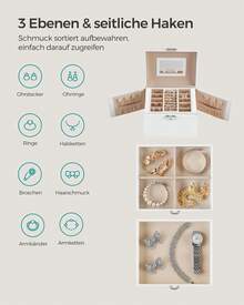 SONGMICS Schmuckkästchen 3 Ebenen, Schmuckkasten mit Griff, 2 Schubladen, Schmuckschatulle mit Spiegel, Schloss, Schmuckaufbewahrung für Reisen, modern, Geschenkidee - Weiss - Übersicht 4