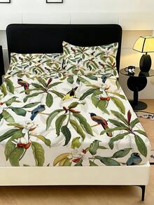1件裝動物與熱帶植物圖案床墊包布（僅含床墊包布，不含枕套），柔軟舒適100%聚酯纖維面料，適用於臥室、客房、學校宿舍床上用品，可選尺寸：特大號、大號、標準雙人、單人，易拆卸可機洗四季床墊保護套，現代簡約可水洗居家床上用品 - 彩色 - 查看 5