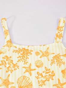 Sweet Summer Vacation Style Girls' Cami Dress, Printed Pattern With Ocean Elements And Lace Trim, Soft And Comfortable - Yellow - View 5