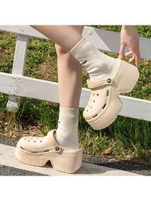 Pantofole da donna con piattaforma spessa e traforata, sandali slip-on in EVA traspirante con cinturino posteriore regolabile e rialzante, scarpe mule casual estive per spiaggia e uso all'aperto, antiscivolo e anti-odore - Cachi - Visualizzare 4
