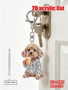 Llavero plano 2D con patrón de perro teddy marrón lindo bebiendo té con leche, llavero estético de taza de té con leche de mascota linda, adecuado para parejas, cumpleaños de dueños de perros, Día del Maestro, regreso a clases, regalos de apertura escolar, duradero y ligero, aplicable para llavero de coche, llavero de teléfono, decoración de llavero de mochila y billetera - A - Ver 5