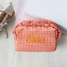 Personalized Gingham Cosmetic Bag, Ruffle Trim Makeup Pouch, Custom Name Toiletry Organizer, Small Travel Storage Bag, Coin Purse, Cute Gift - Multicolor - View 16