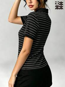 mulinsen 女款 Polo 衫，冰絲薄款快乾領口短袖 T 恤，條紋運動戶外上衣 - 深空黑 - 查看 5