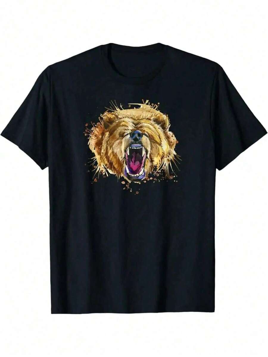 Camiseta de hombre de 180gsm 100% algodón con estampado de oso rugiente - Gráfico realista de oso grizzly y kodiak, camiseta blanca casual de manga co - nero - Visualizzare 1