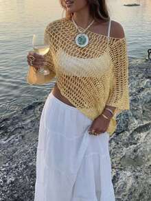 Women's Casual Sexy Solid Color Hollow-Out Cropped Top, Bat Wing Asymmetric Hem Poncho Style Cover Up, Summer Beach Vacation Outerwear Yellow - Yellow - View 2