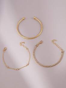 3pcs Inlaid Cubic Zirconia Rhinestone Chain Bracelet Set, Delicate & Minimalist, Suitable For Women's Daily Wear, Dating, Party, Gathering, Layering & Matching - Yellow Gold - View 2