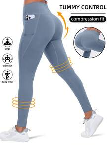 Tummy Control Elastic Fitness Leggings With Side Pockets Sports Fall - Dusty Blue - View 1