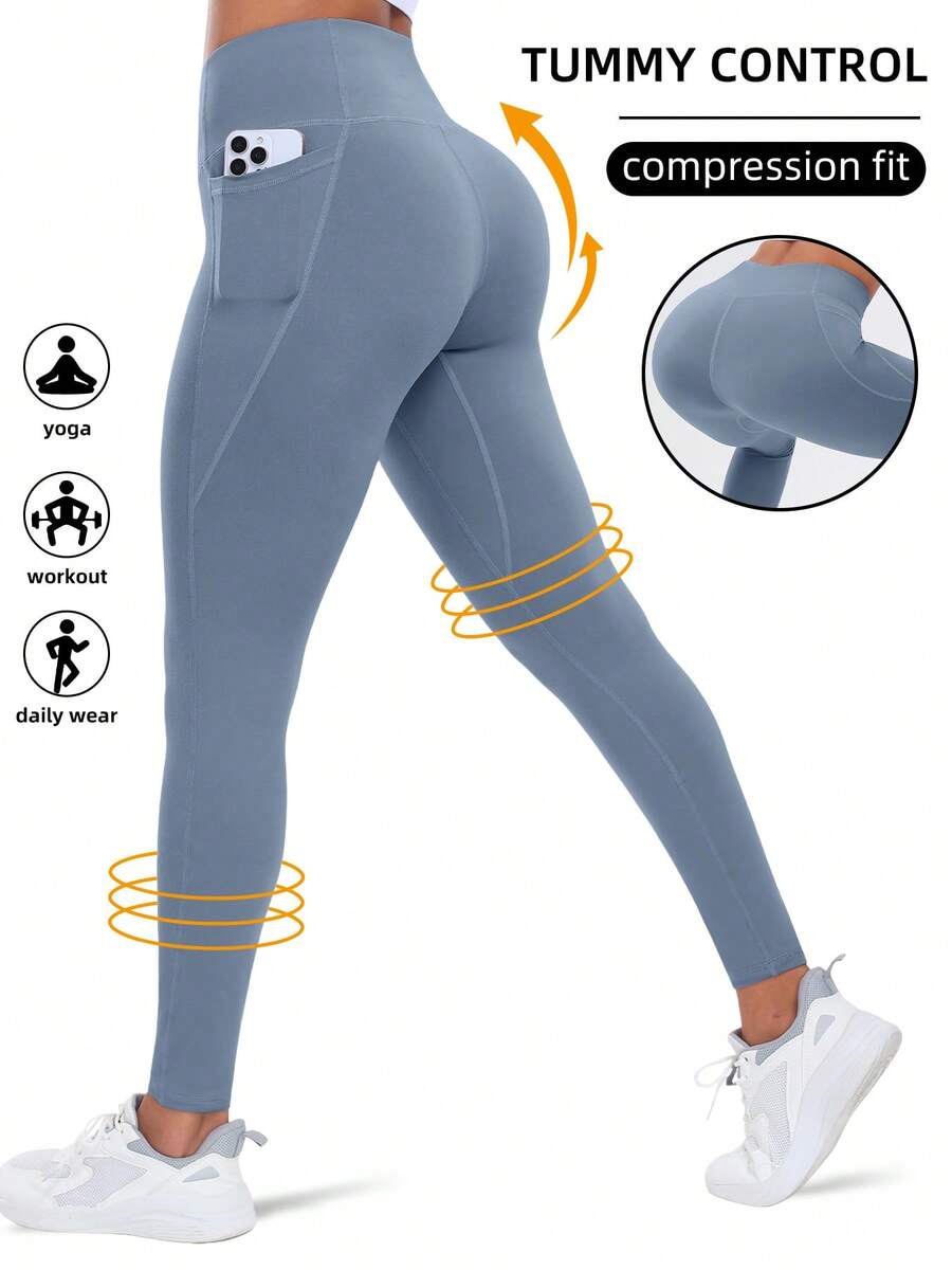 Tummy Control Elastic Fitness Leggings With Side Pockets Sports Fall - Dusty Blue - View 1
