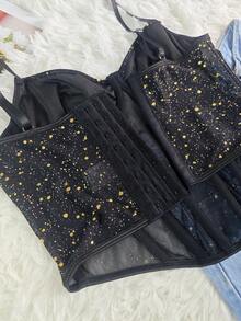 Black & Gold Sheer Corset Top - Suitable For Party, Date Night, Street Style, Everyday Wear - Black - View 6