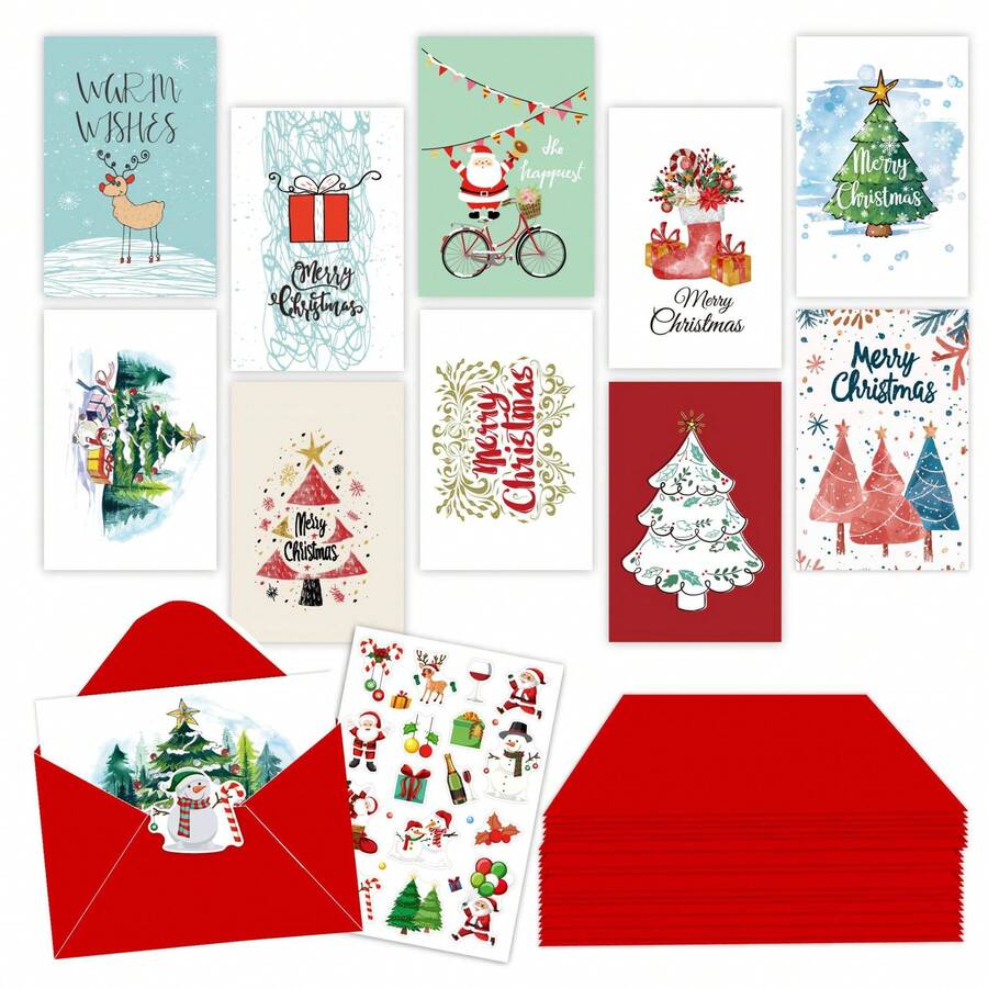 10pcs Unique Cute Christmas Greeting Card Set - With Red Envelopes & Stickers - Christmas Stocking Stuffer/Secret Santa Exchange Gift, Back To School