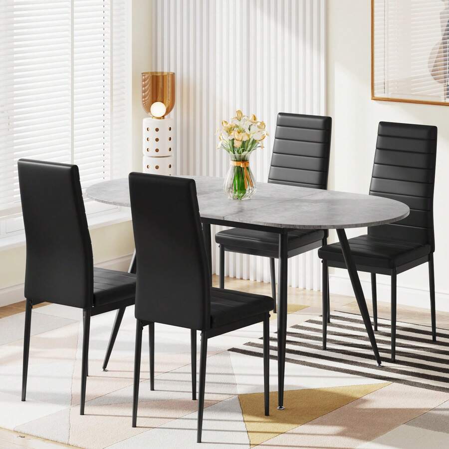Dining Table And Chairs Set 4, Extendable Table With 4 Faux Leather Chairs For Dining Room, Kitchen,4-6 Seater Room Set