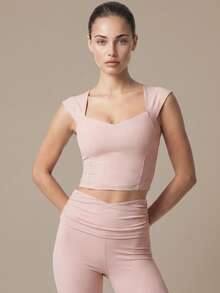 2pcs Women's Sports Set Square Neck Backless Soft Slim Fit Yoga Tank Top With Ruched Folded Waist High Waist Flare Yoga Pants - Pink - View 7
